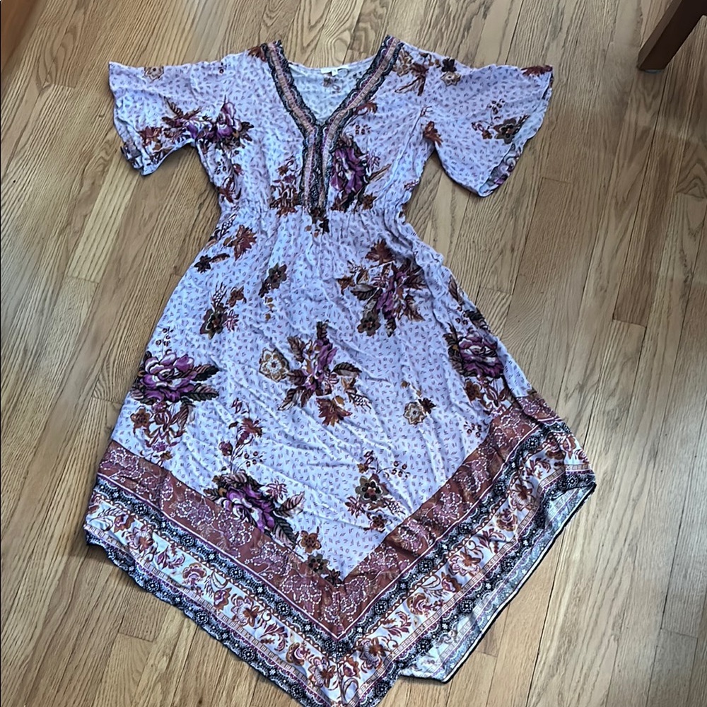 Maurices Asymmetrical Floral Dress in Purple and Brown